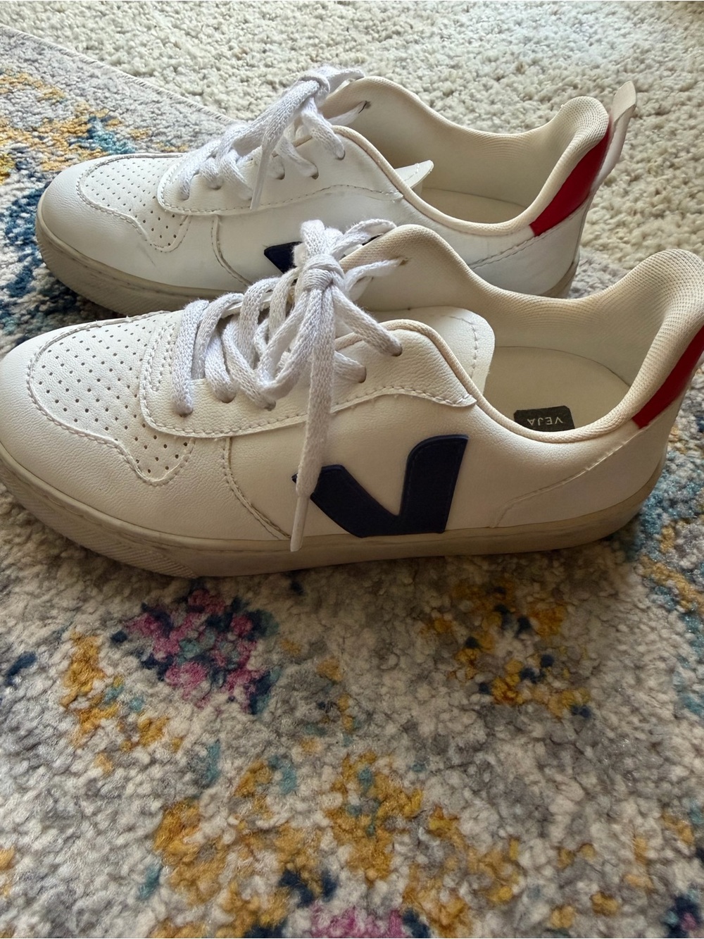 Veja Kids White Leather Sneakers with Navy V and Red Heel Accent
